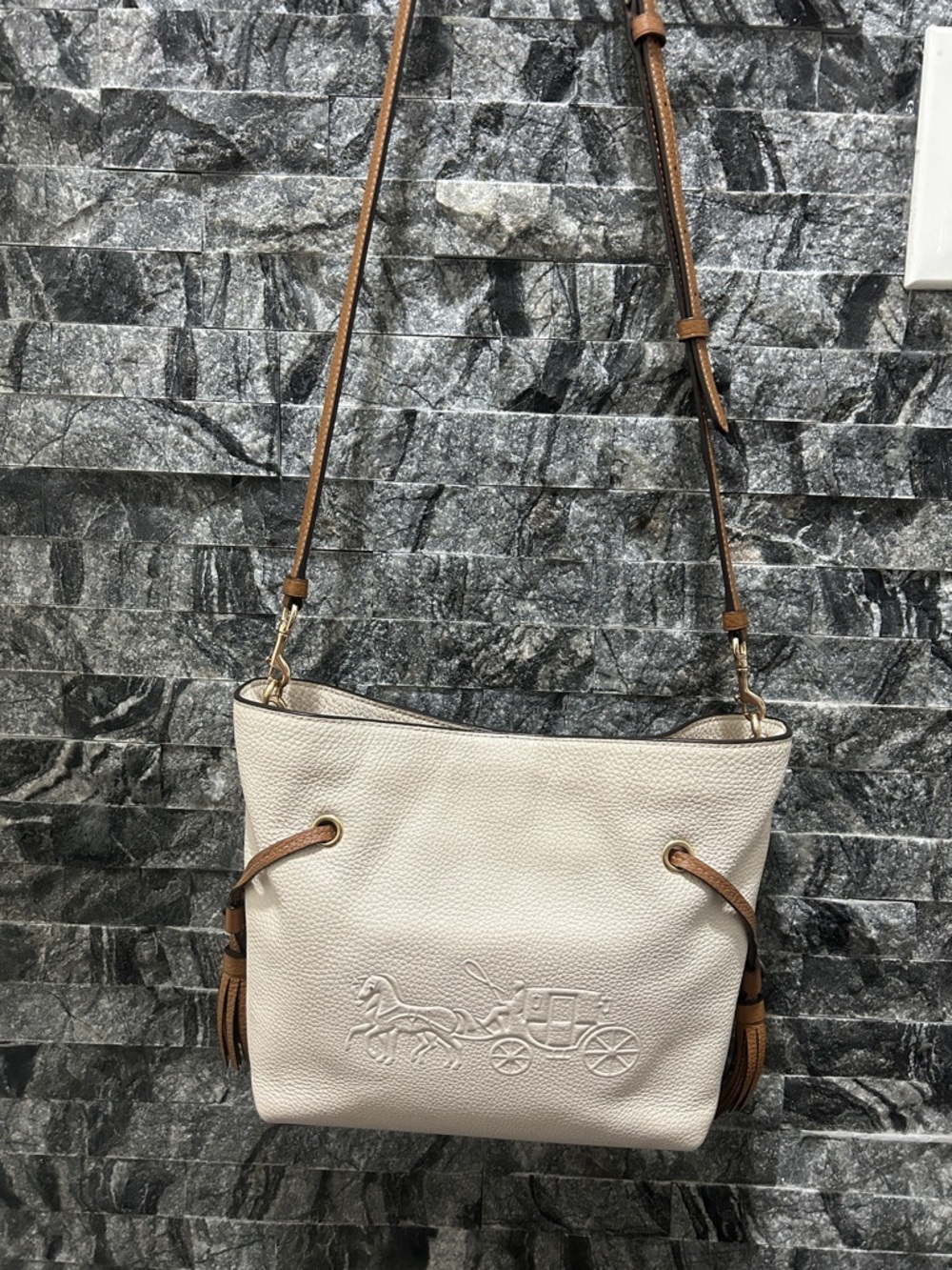 Cream Leather Crossbody Bag with Brown Trim